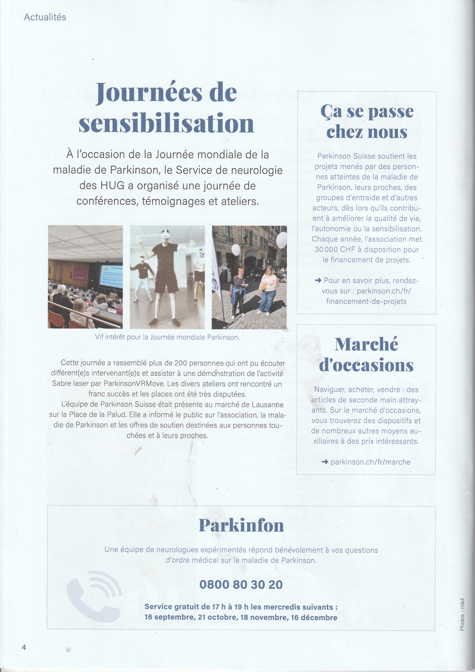 Trois photos des journées de sensibilisation — Parkinson Suisse, Journal 2 | 2026.