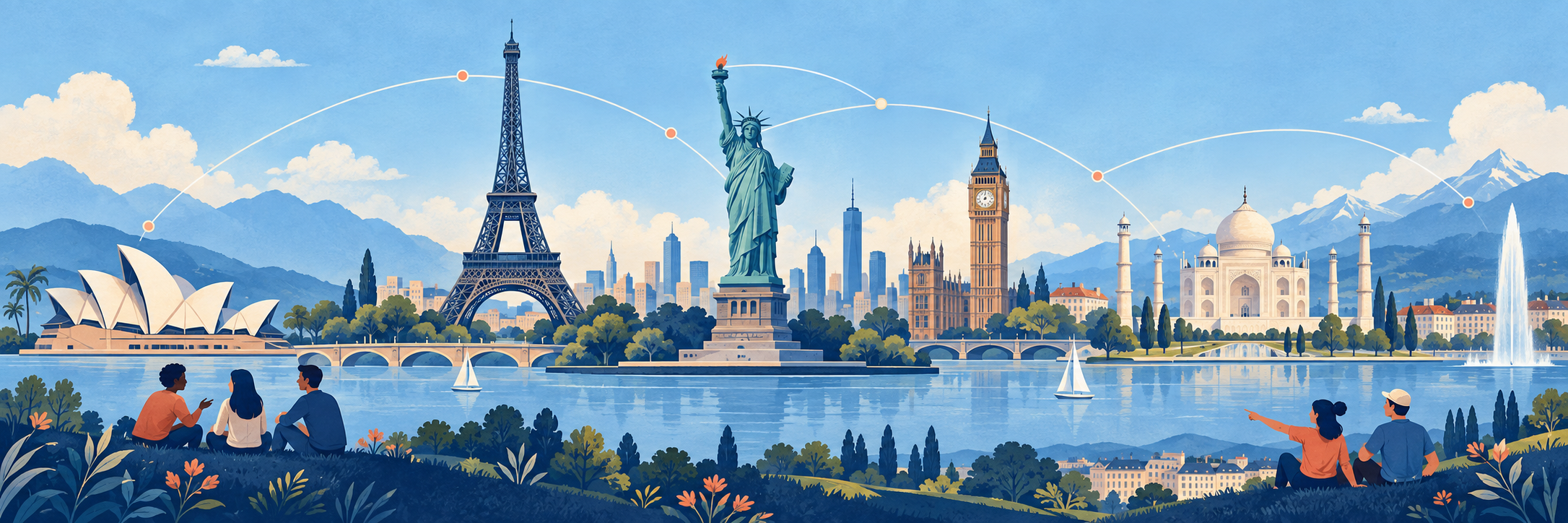 Panorama illustré réunissant la tour Eiffel, la statue de la Liberté, Big Ben, le Taj Mahal, l’opéra de Sydney et le Jet d’eau de Genève, reliés pour symboliser les échanges internationaux.