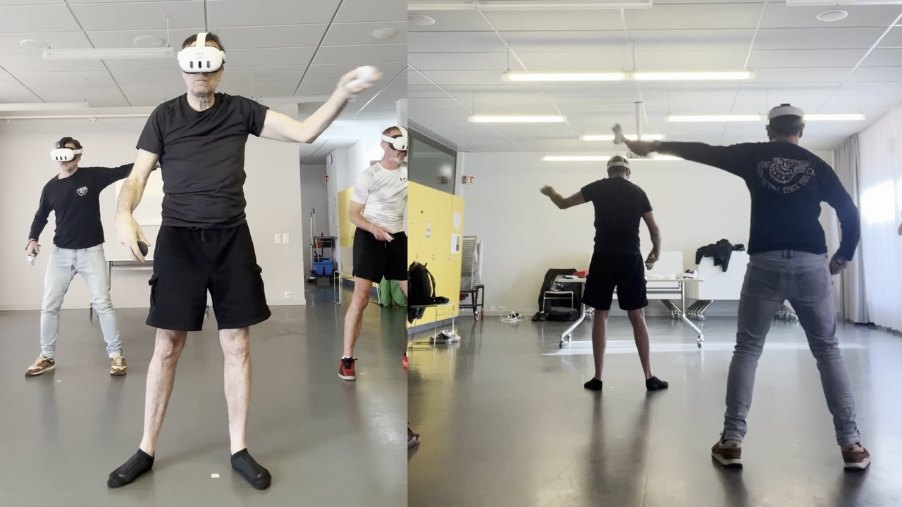 Participants moving with VR headsets at a weekly meeting